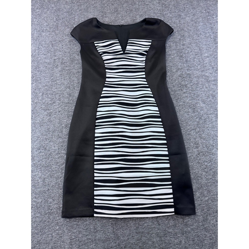 Connected Apparel Black White‎ Striped Sheath Dress Petite 10P Cap Sleeve V-Neck